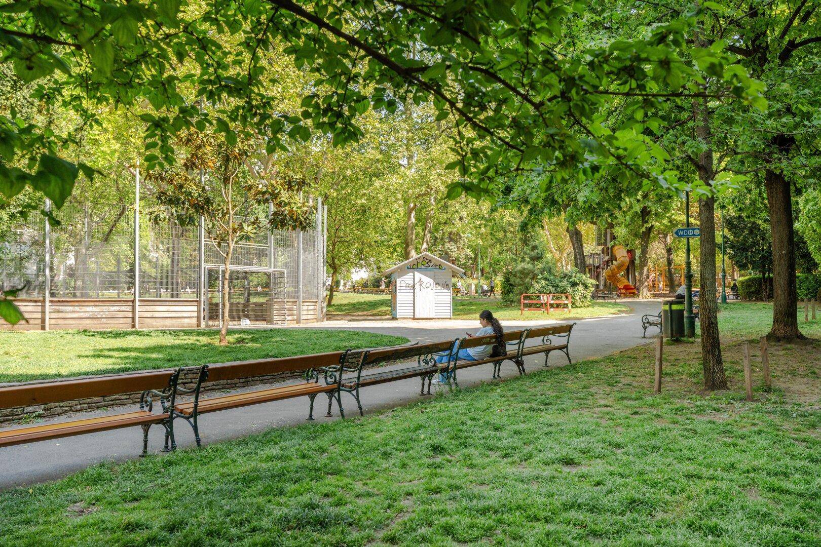 Sonniger Park mit langen Holzbänken, Bäumen und einem Spielplatz im Hintergrund.