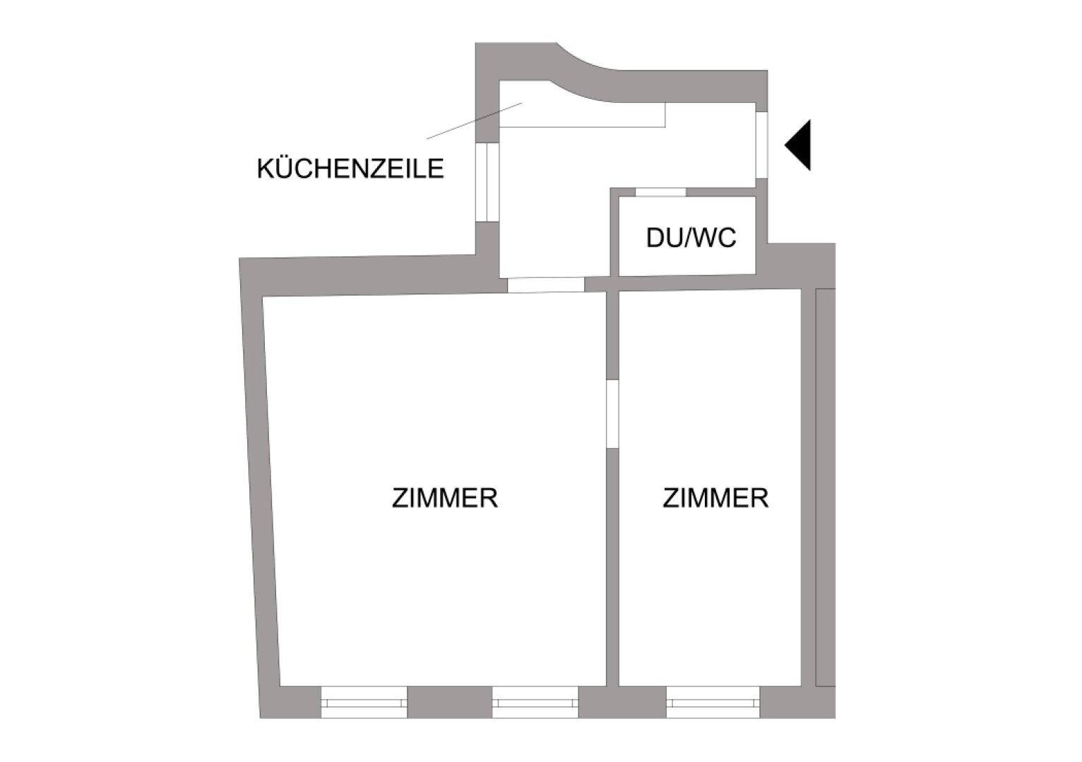 Grundrissplan einer Wohnung mit zwei Zimmern, einer Küchenzeile und einem Duschbad mit WC.