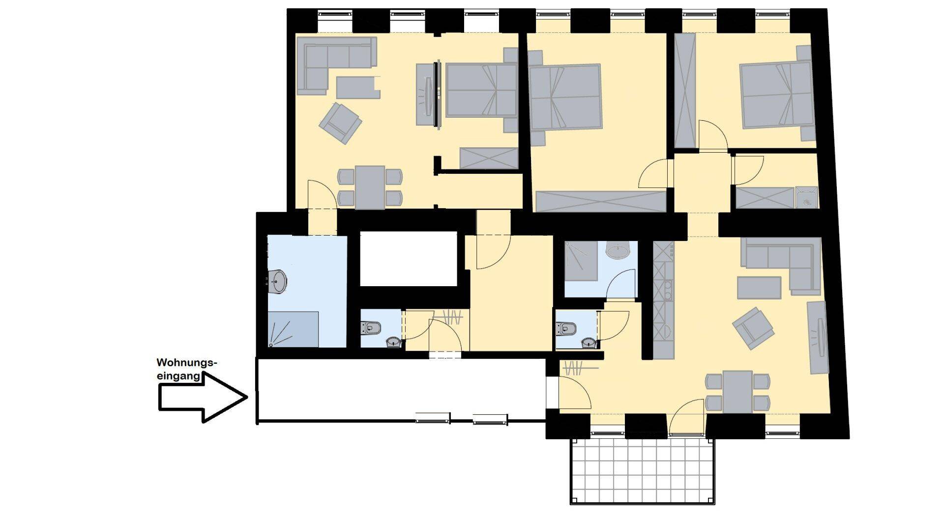 Grundriss einer Wohnung mit mehreren Schlafzimmern, Wohnbereichen und Bädern, inklusive Balkon.