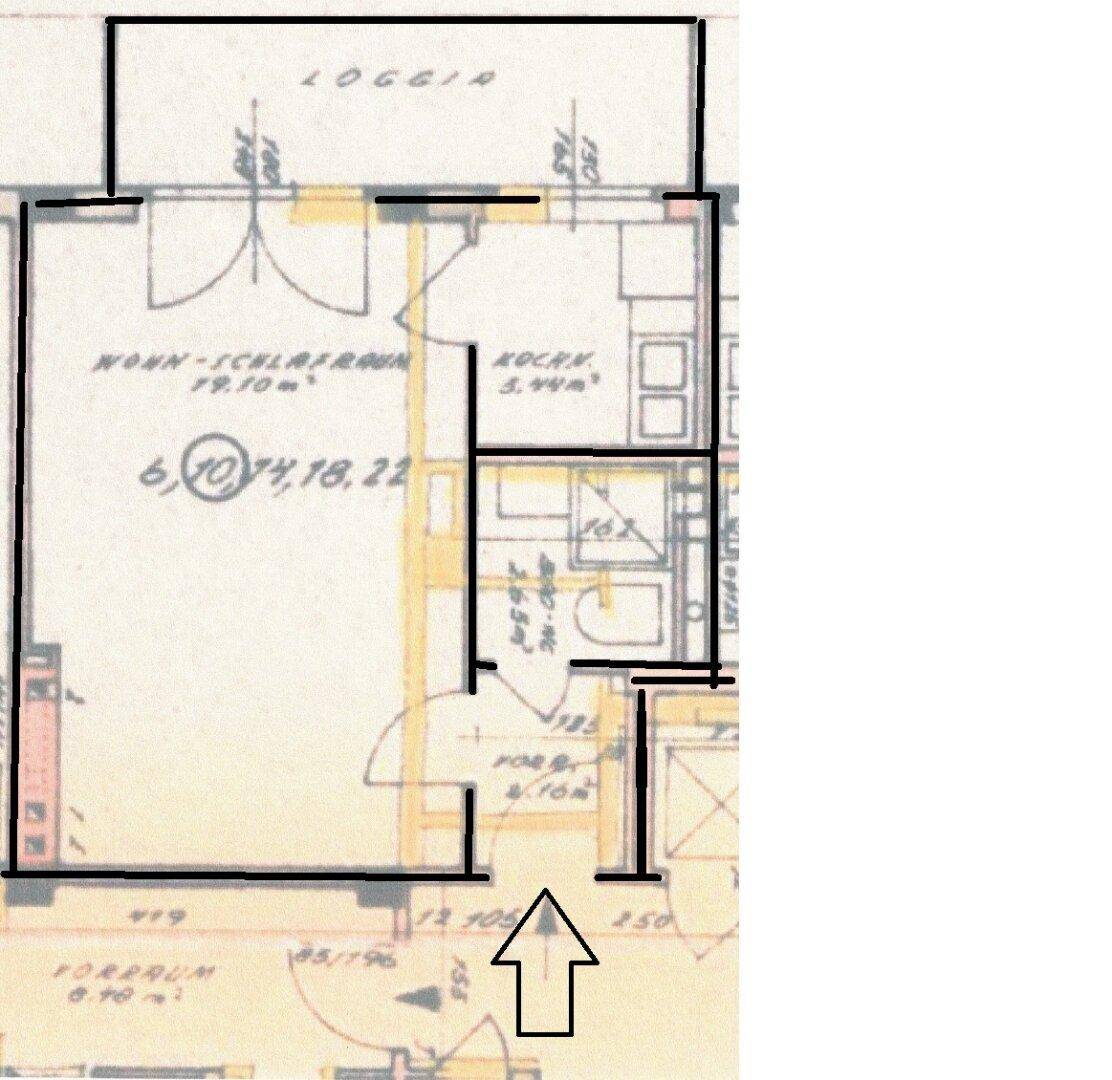 Grundrissplan zeigt eine effiziente Aufteilung mit Wohn-Schlafraum, Küche, Bad und Loggia.