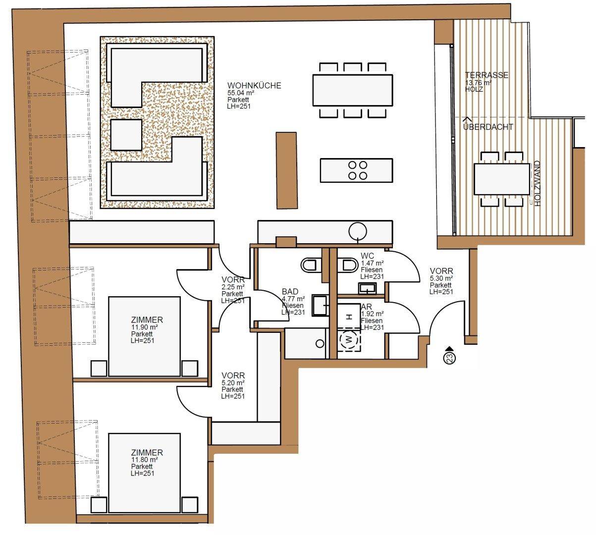 Grundriss einer Wohnung mit offener Wohnküche, zwei Zimmern, Bad, WC und großer Terrasse.