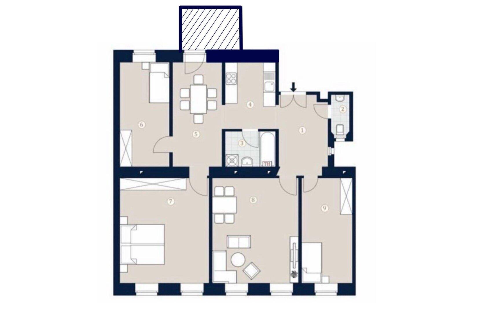 Detaillierter Grundriss einer Wohnung mit mehreren Zimmern, Küche und Bad.