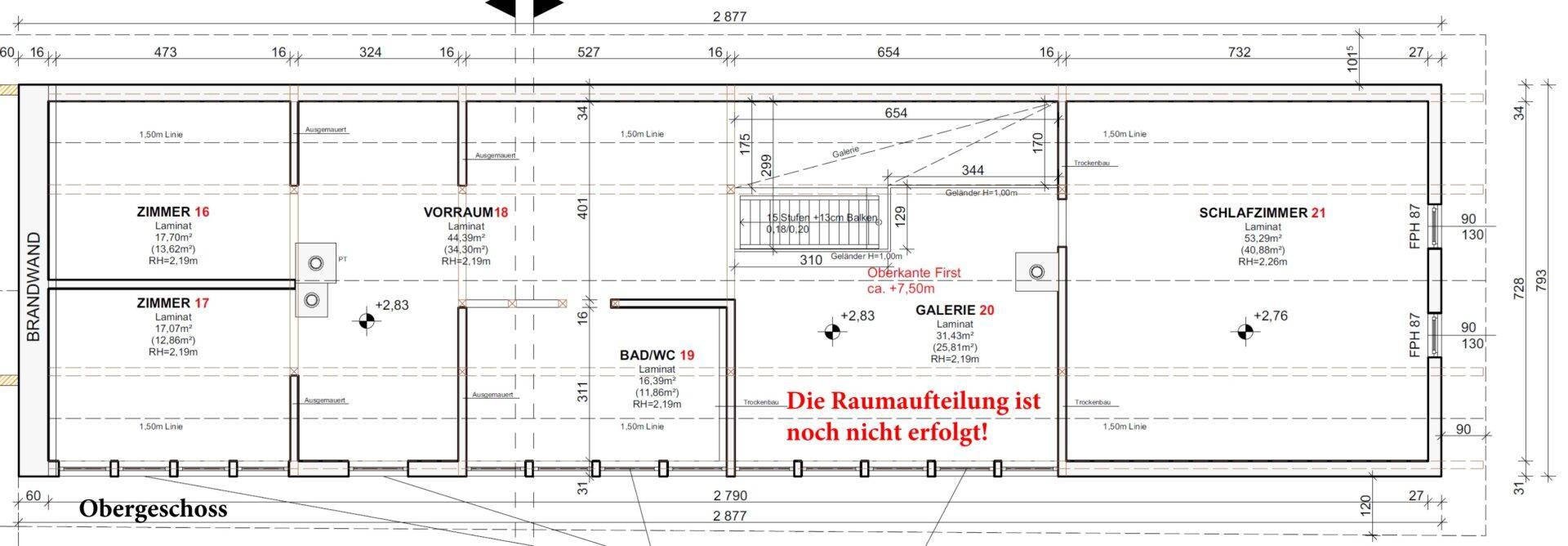 Grundriss des Obergeschosses mit mehreren Zimmern und einer Galerie, Raumaufteilung noch nicht final.