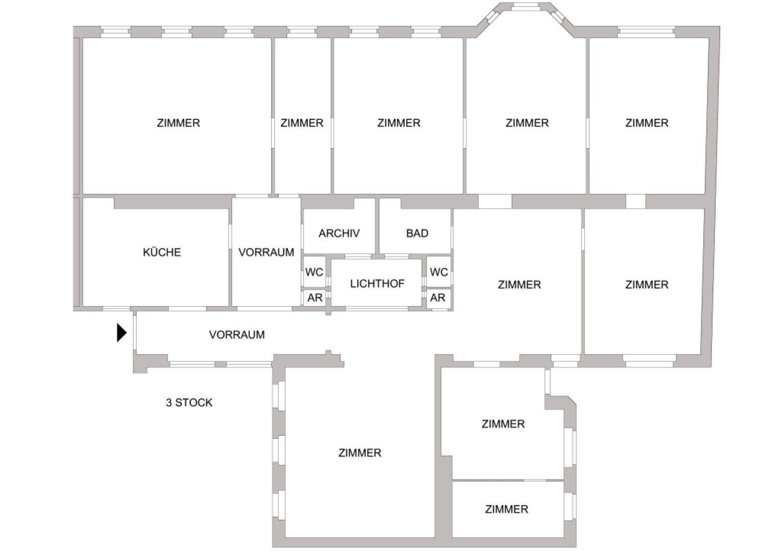 Grundriss einer Etage mit mehreren Zimmern, Küche, Bad und Vorräumen.