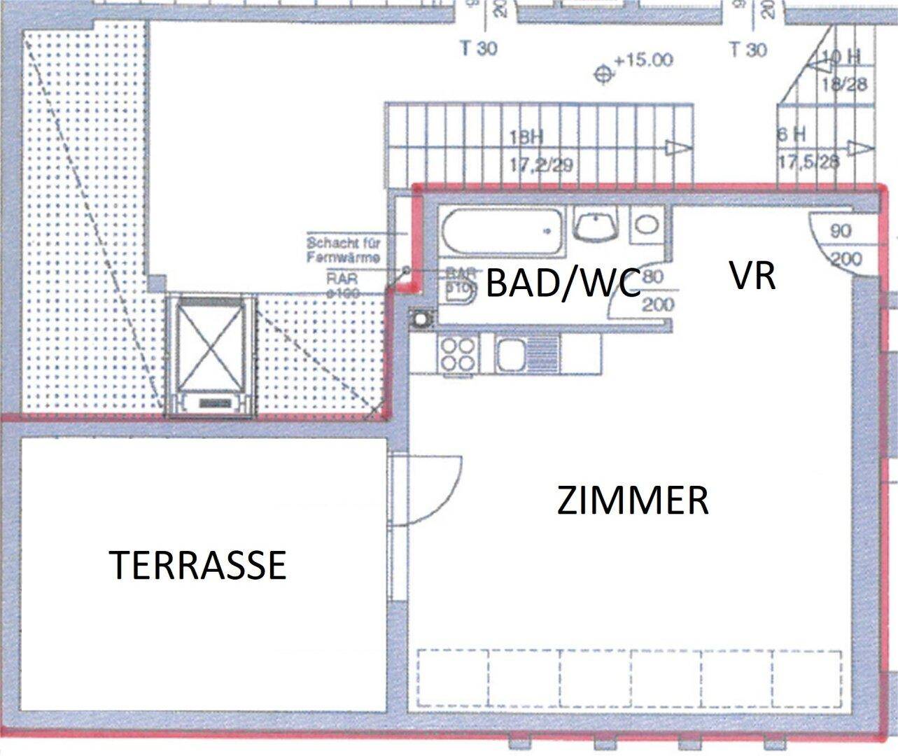 Grundriss zeigt ein Zimmer, Bad/WC und eine große Terrasse.