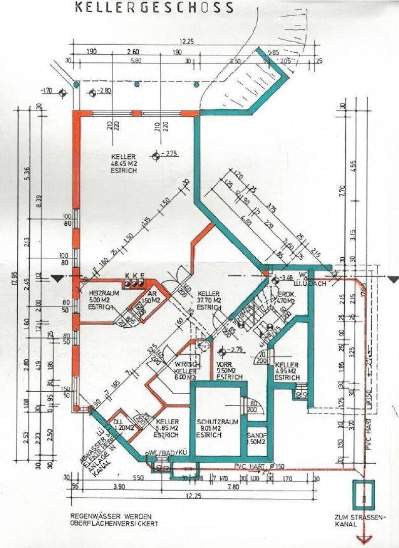 Grundriss des Kellergeschosses mit Heizraum, Kellerräumen und Schutzraum.