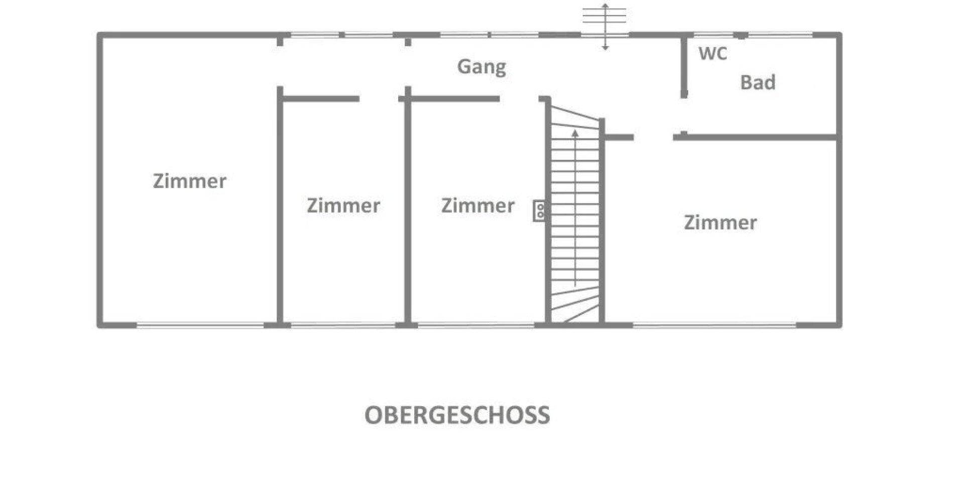 Grundriss des Obergeschosses mit mehreren Zimmern, einem Bad und separatem WC.
