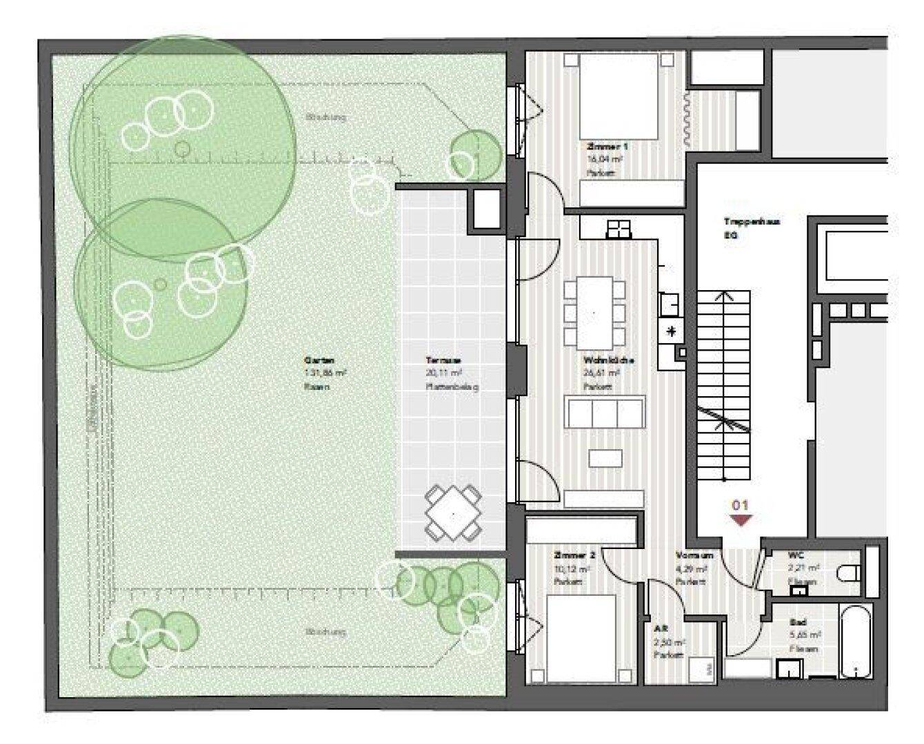 Grundriss der Erdgeschosswohnung mit Garten, Terrasse und offener Wohnküche.