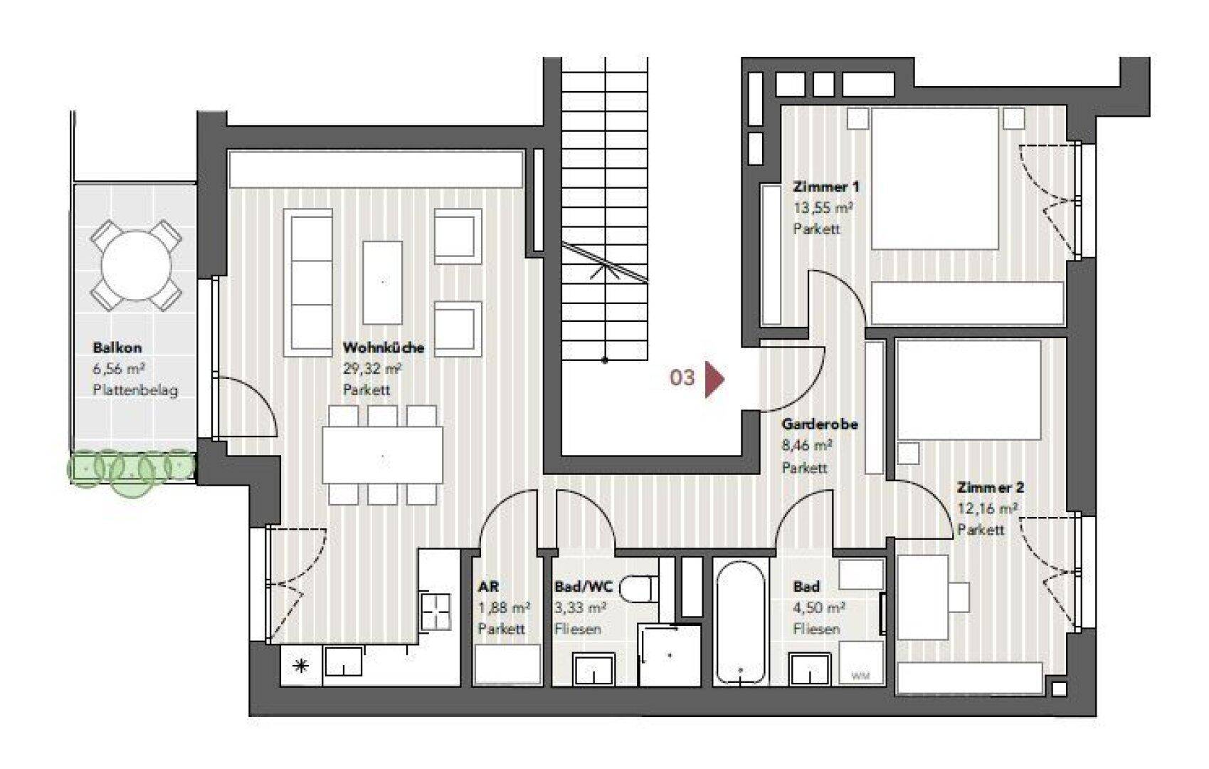 Detaillierter Grundriss einer Wohnung mit Wohnküche, zwei Schlafzimmern, zwei Bädern und einem Balkon.