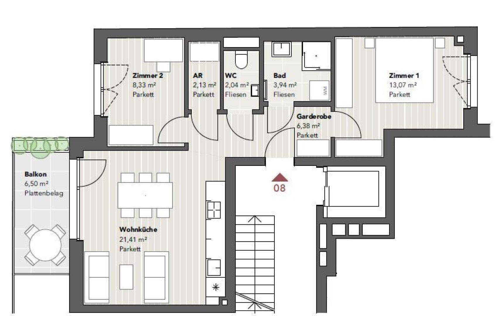 Grundriss einer Wohnung mit Wohnküche, zwei Zimmern, Bad, WC und Balkon.