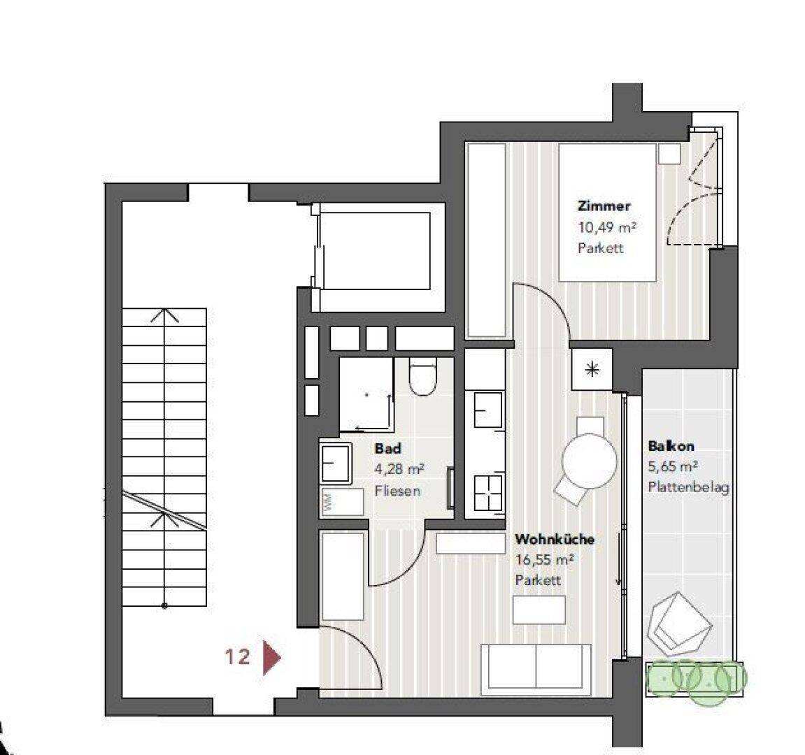 Grundriss einer Wohnung mit einem Schlafzimmer, offener Wohnküche und einem Balkon.