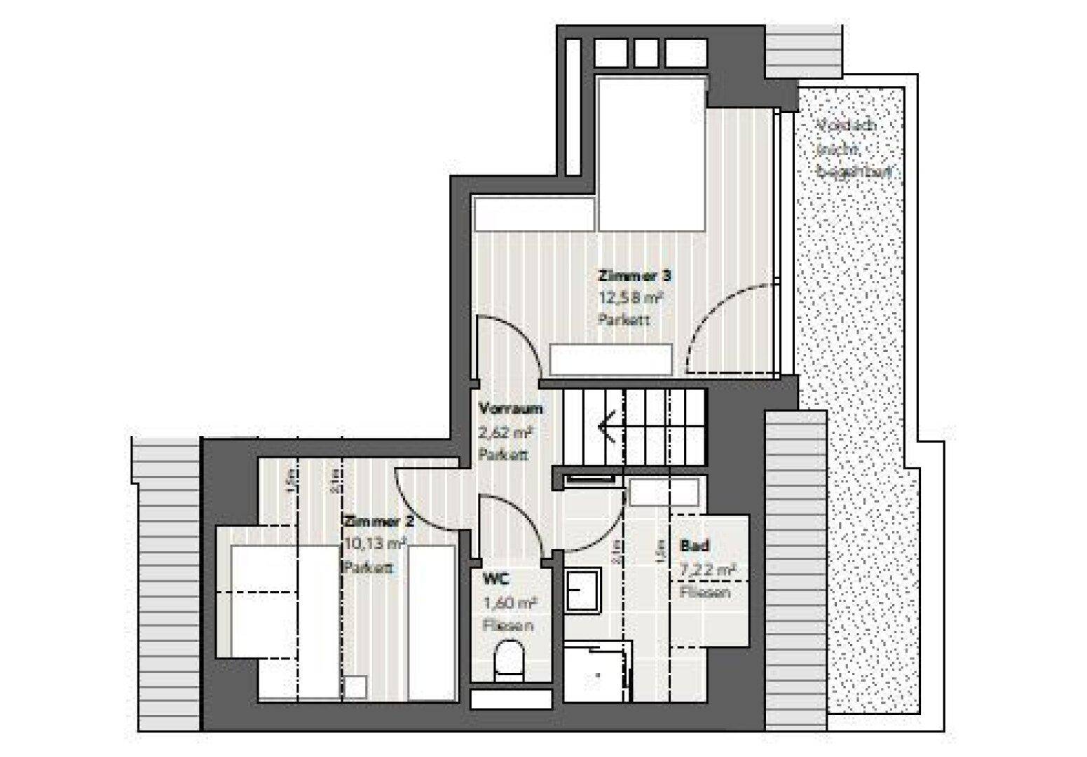 Grundriss des Obergeschosses mit zwei Schlafzimmern, einem Badezimmer und separatem WC.