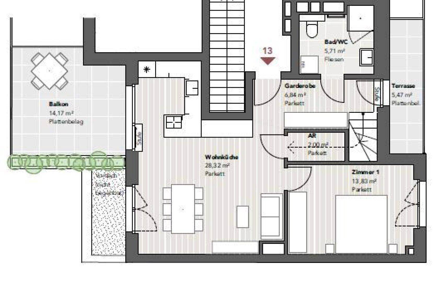 Grundriss des Erdgeschosses mit offenem Wohnbereich, einem Schlafzimmer, Bad, Garderobe, Balkon und Terrasse.