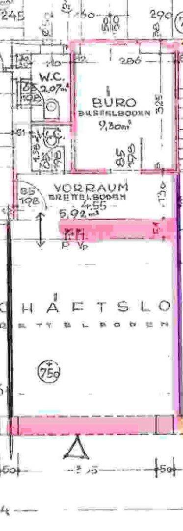 Detaillierter Grundrissplan eines Gewerbeobjekts mit Büro, Vorraum und WC-Bereich.