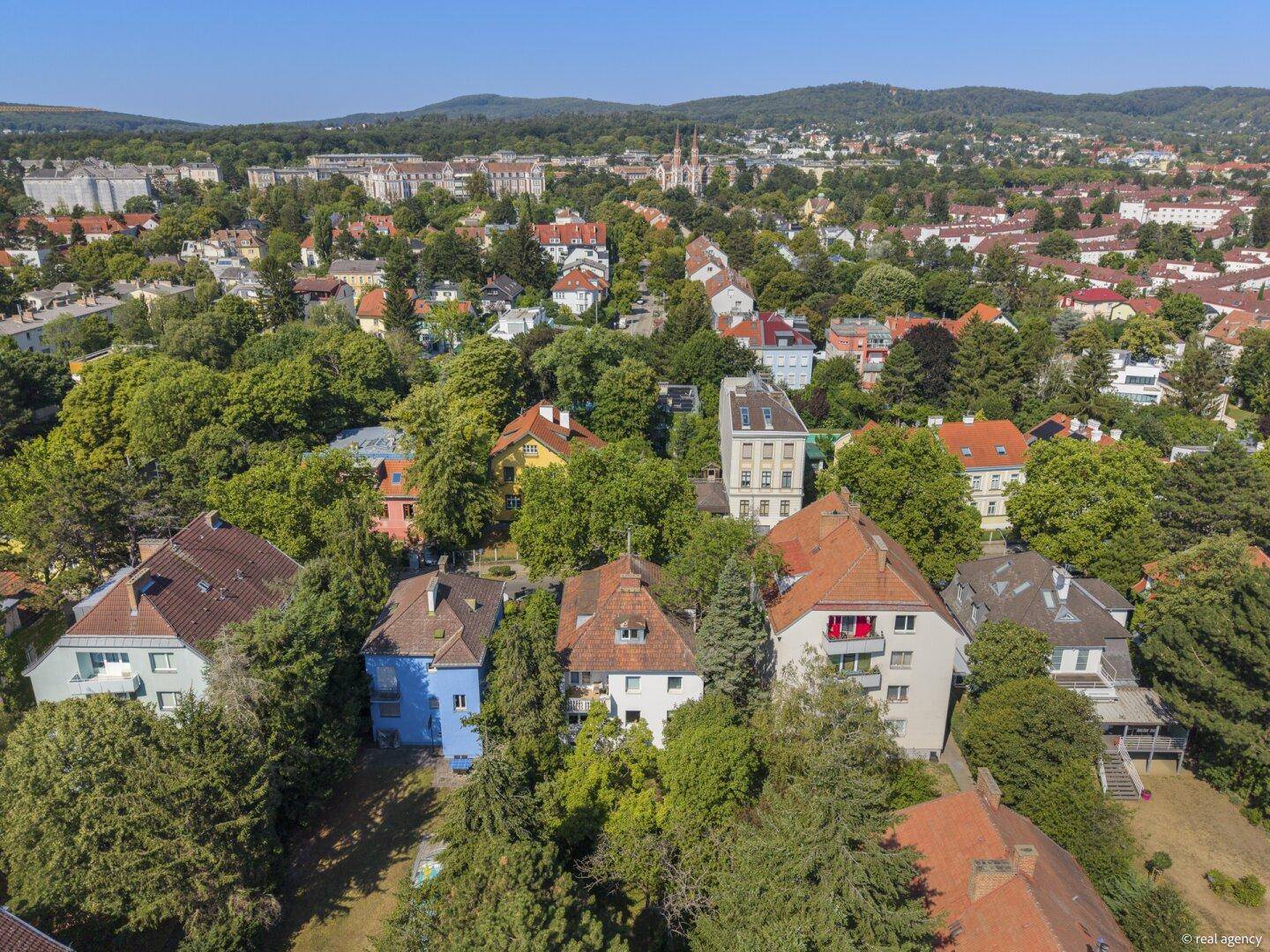 Luftaufnahme einer grünen Wohngegend mit vielfältigen Häusern und üppiger Vegetation.