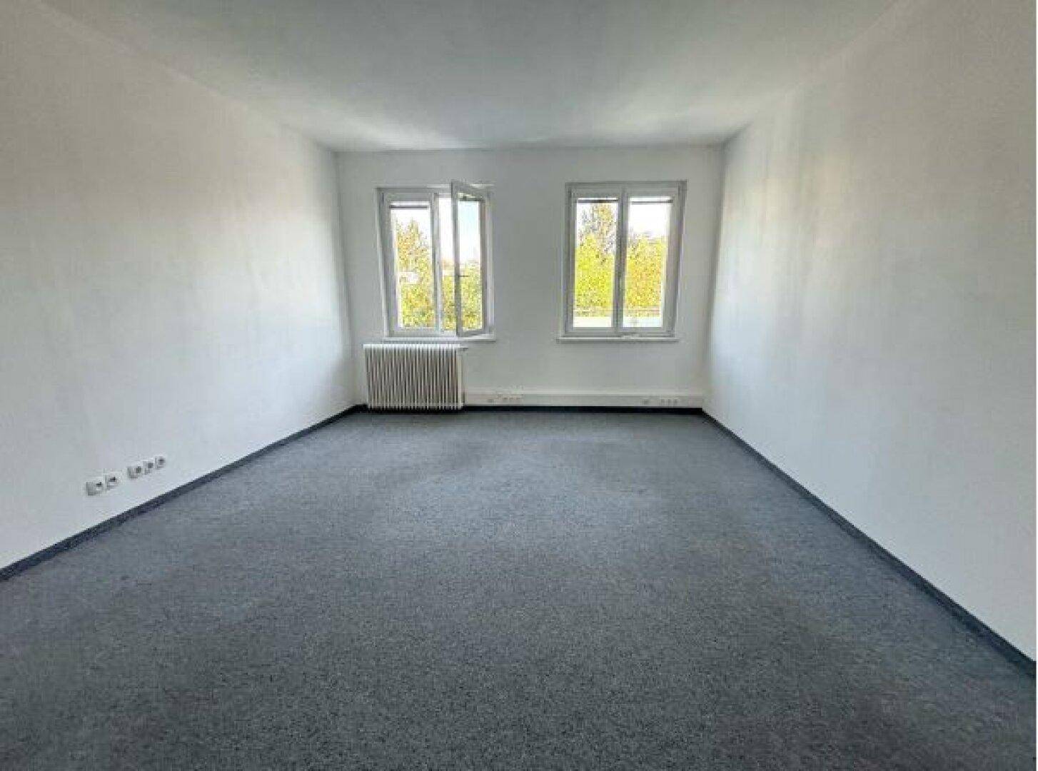 Leerer Raum mit grauem Teppichboden, weißen Wänden und zwei Fenstern für natürliche Belichtung.