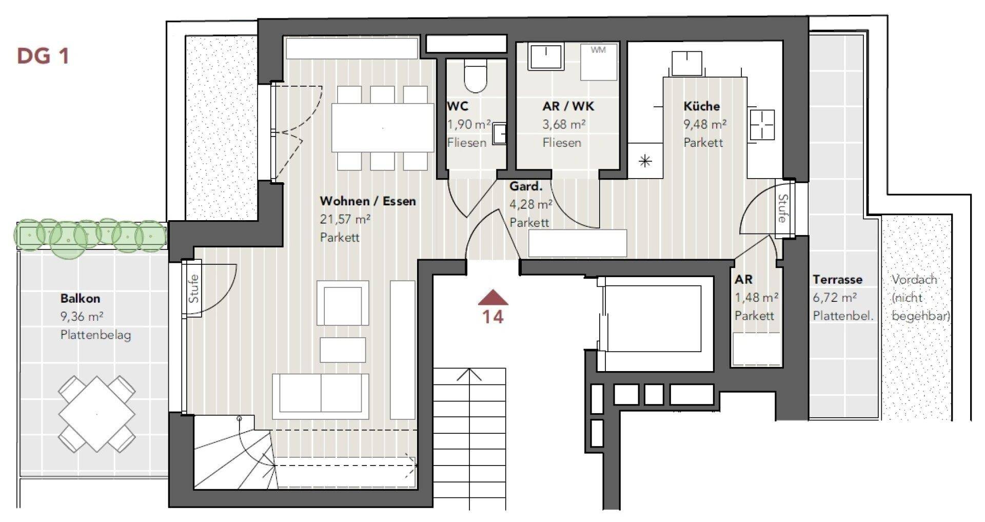 Grundriss des ersten Dachgeschosses mit offenem Wohn-/Essbereich, Küche, Balkon und Terrasse.
