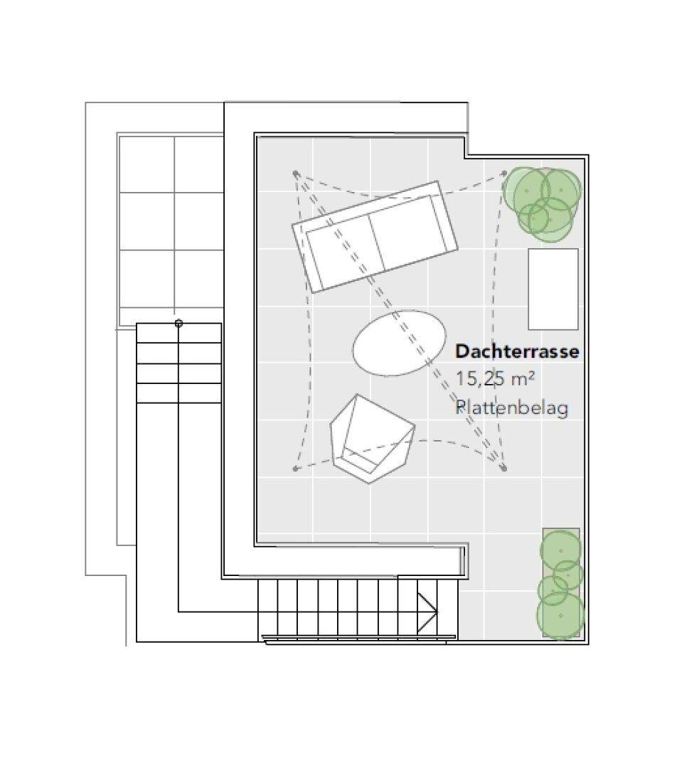 Grundriss der Dachterrasse mit vorgeschlagenem Möbel-Layout und Grünflächen.
