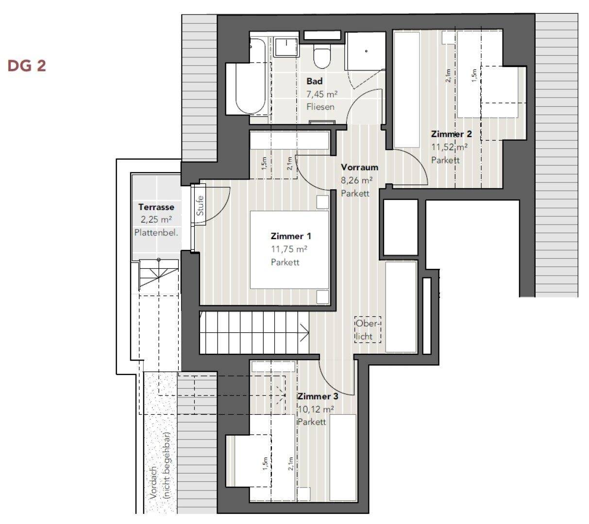 Grundriss des zweiten Dachgeschosses mit drei Schlafzimmern, Badezimmer und kleiner Terrasse.