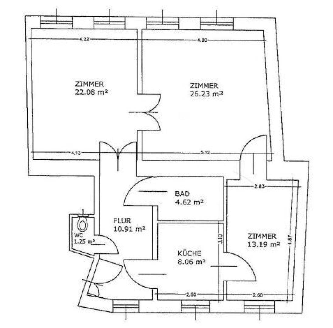 Grundriss mit Zimmeraufteilung und Flächenangaben in Quadratmetern.