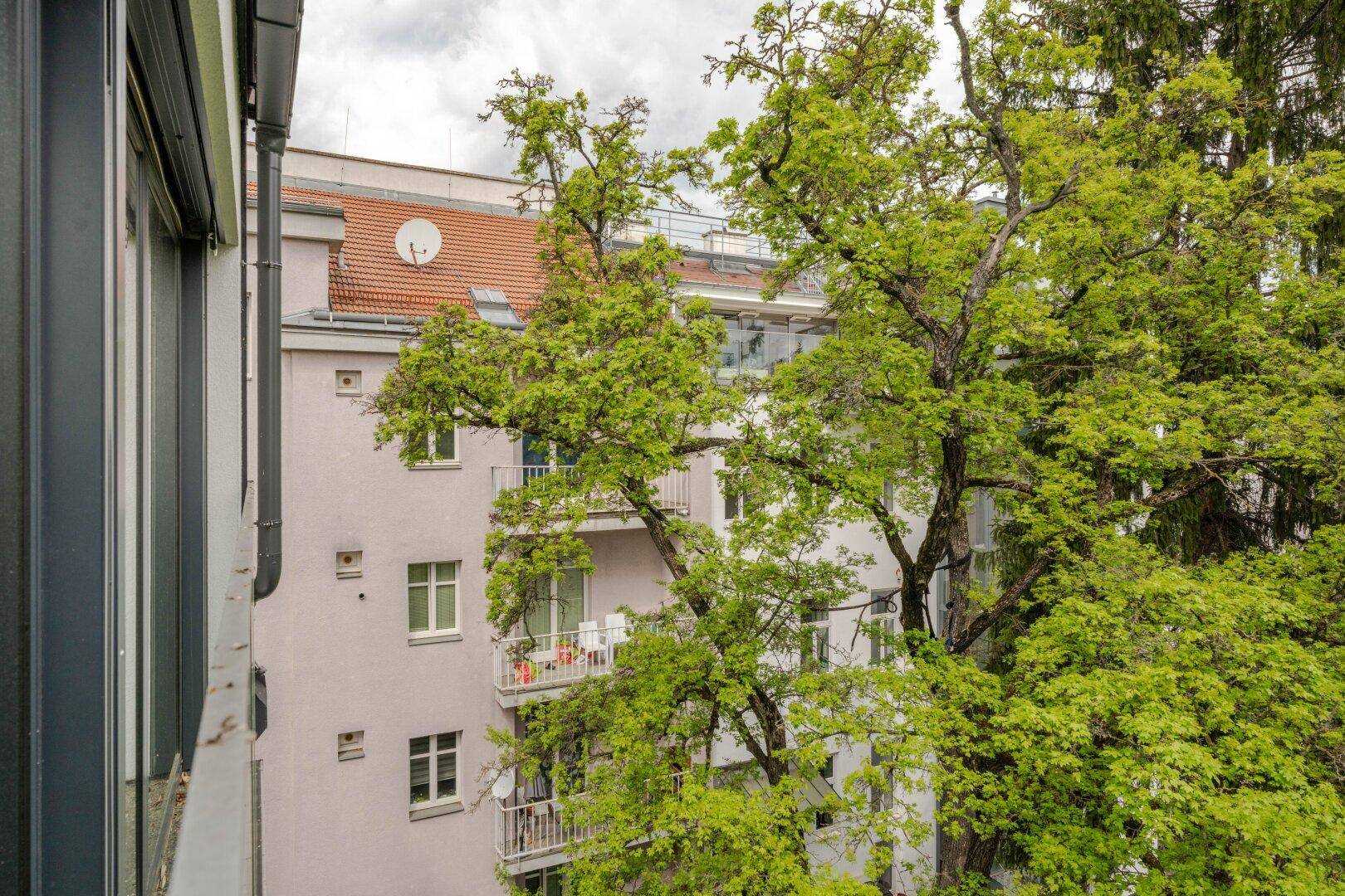 Blick aus dem Fenster auf ein benachbartes Gebäude mit Balkonen und viel Grün.