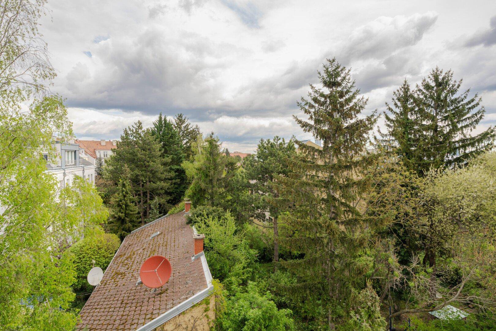 Panoramablick über Dächer und Baumwipfel mit weitem Himmel.