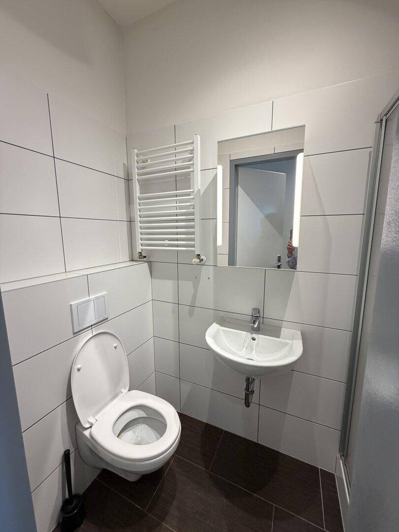 Modernes Badezimmer mit WC, Waschbecken, beheiztem Handtuchhalter und weißen Fliesen.