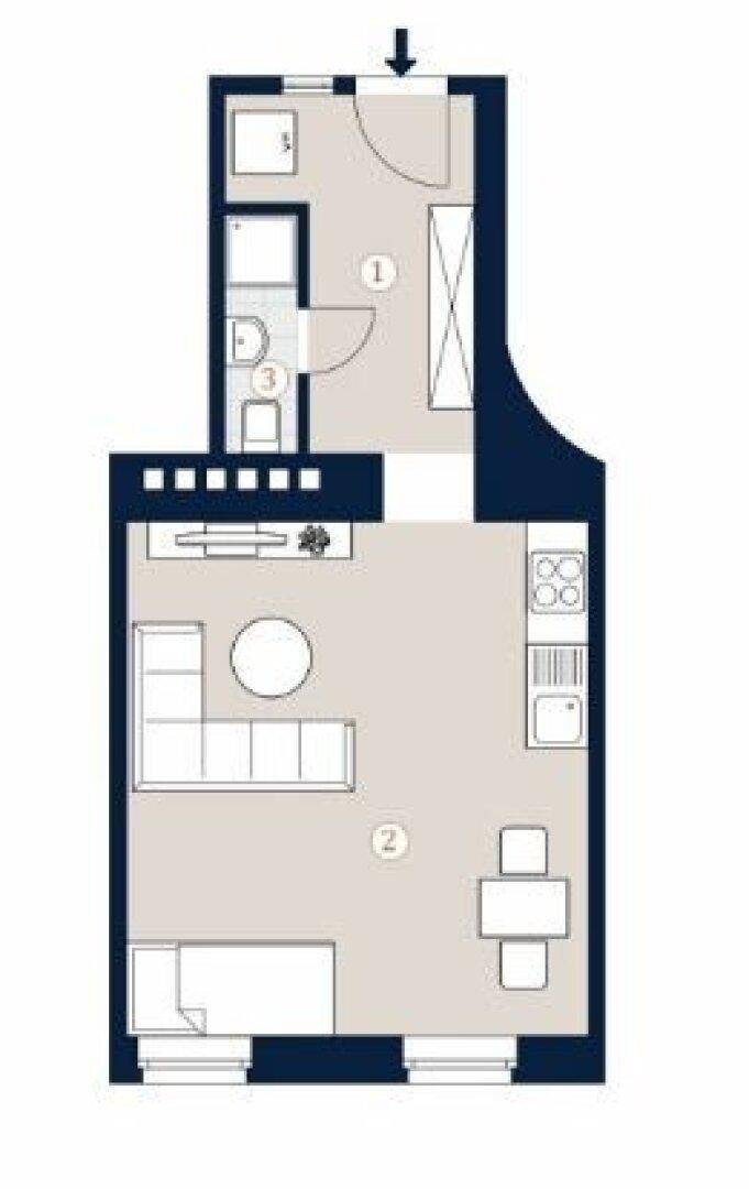 Grundriss der Wohnung mit offenem Wohnbereich, Balkon und separatem Badezimmer.