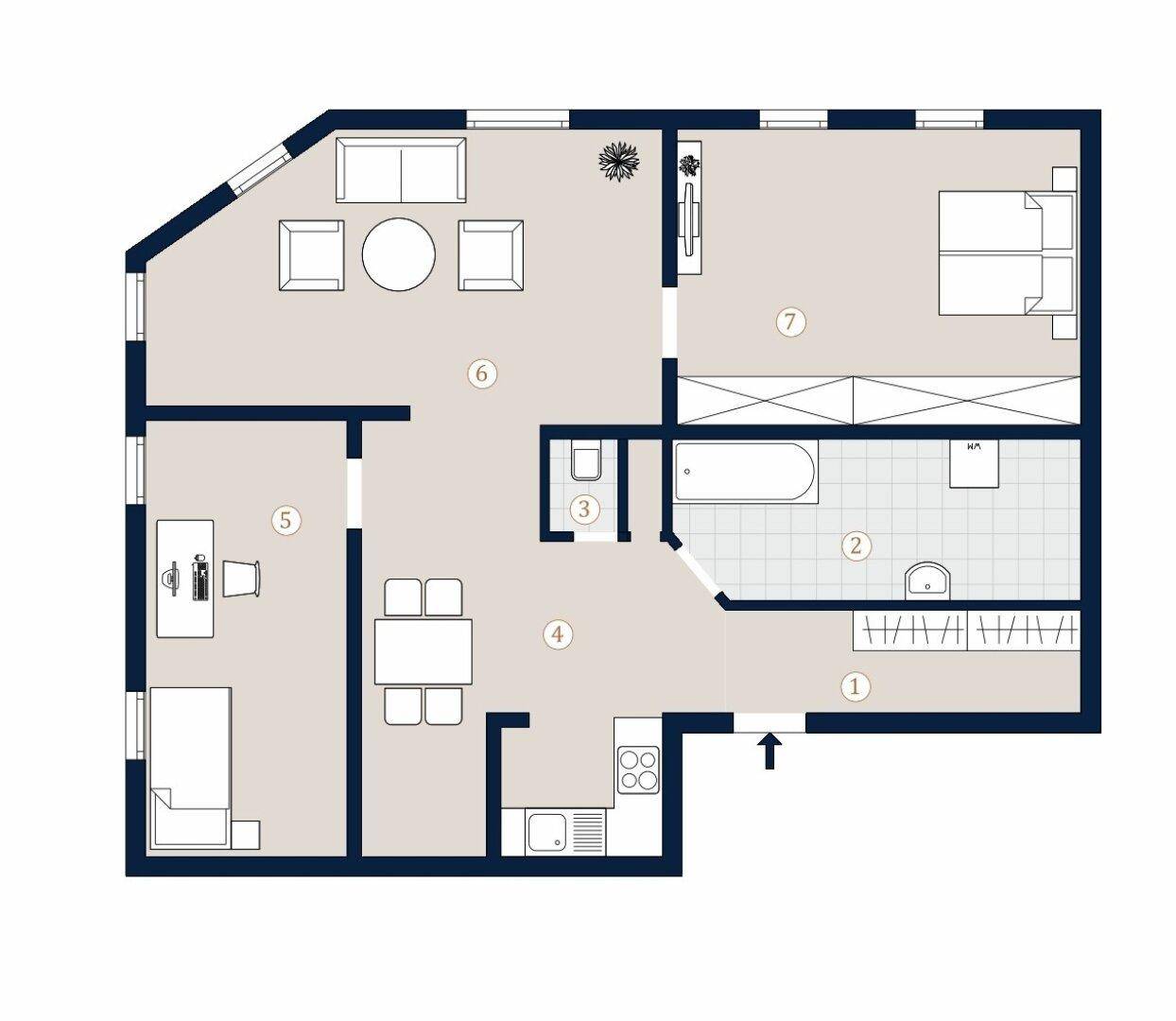 Grundriss einer Wohnung mit mehreren Zimmern, Bad, WC und offener Küche.