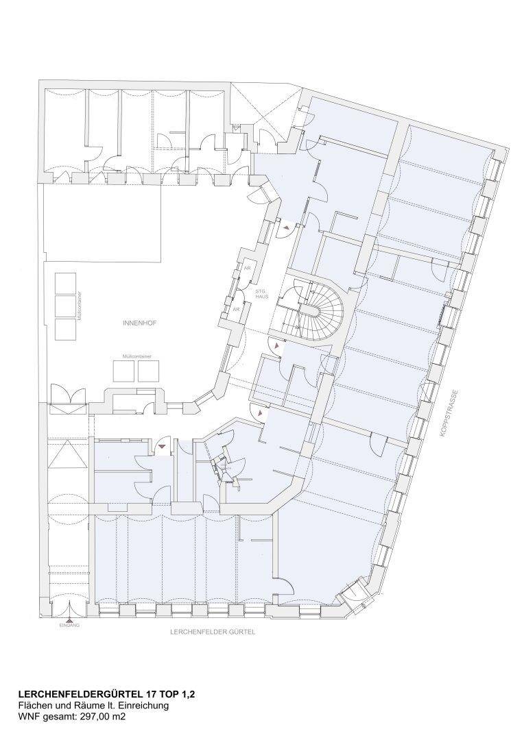 Detaillierter Grundriss eines Gebäudes mit mehreren Einheiten und einem Innenhof.
