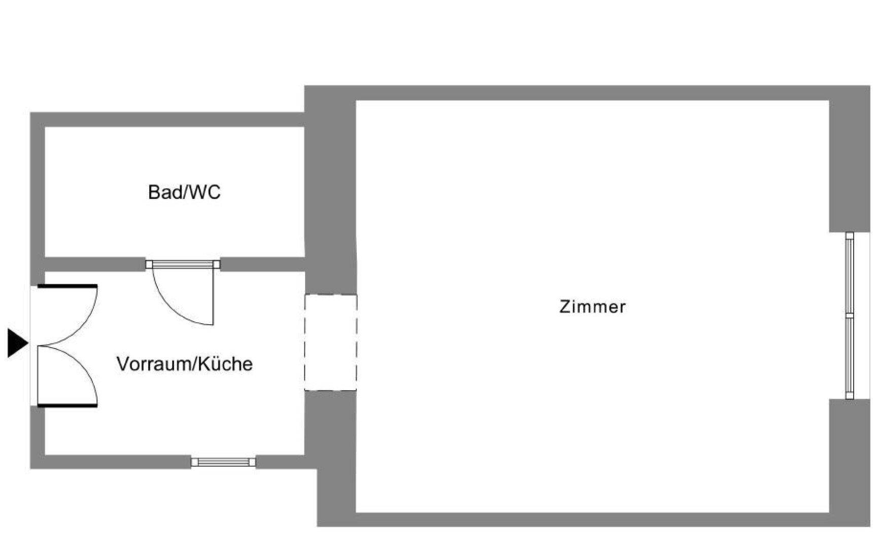 Grundrissplan zeigt ein Zimmer, ein Bad mit WC und einen Vorraum mit Küchenbereich.