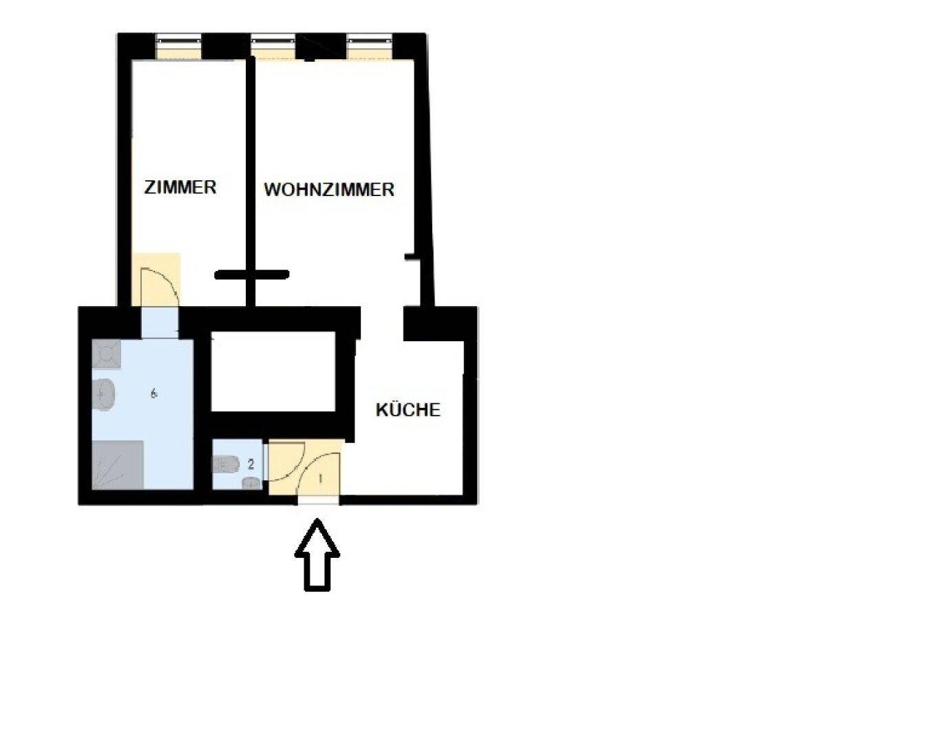 Grundriss einer Wohnung mit separater Küche, Wohnzimmer und einem weiteren Zimmer, inklusive Badezimmerbereich.