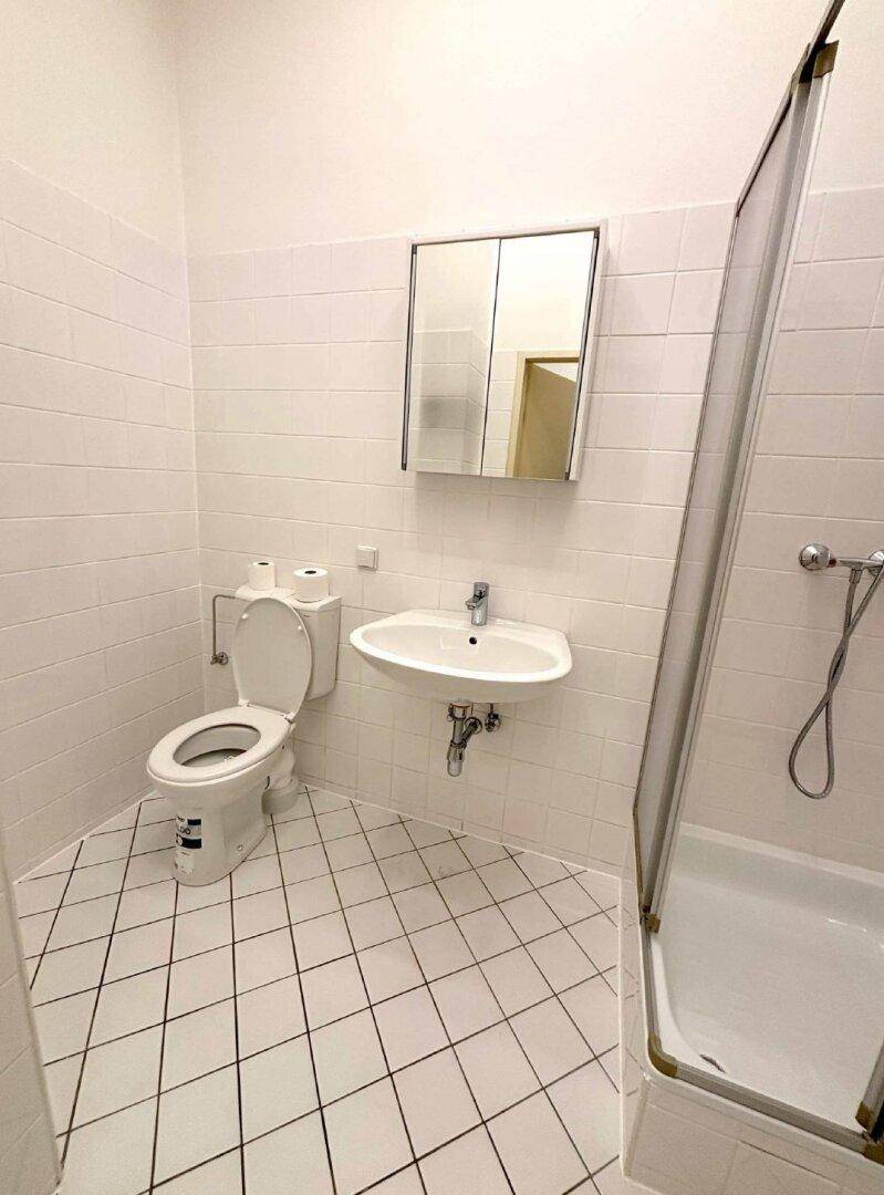 Helles Badezimmer mit WC, Waschbecken, Spiegelschrank und einer praktischen Duschkabine.