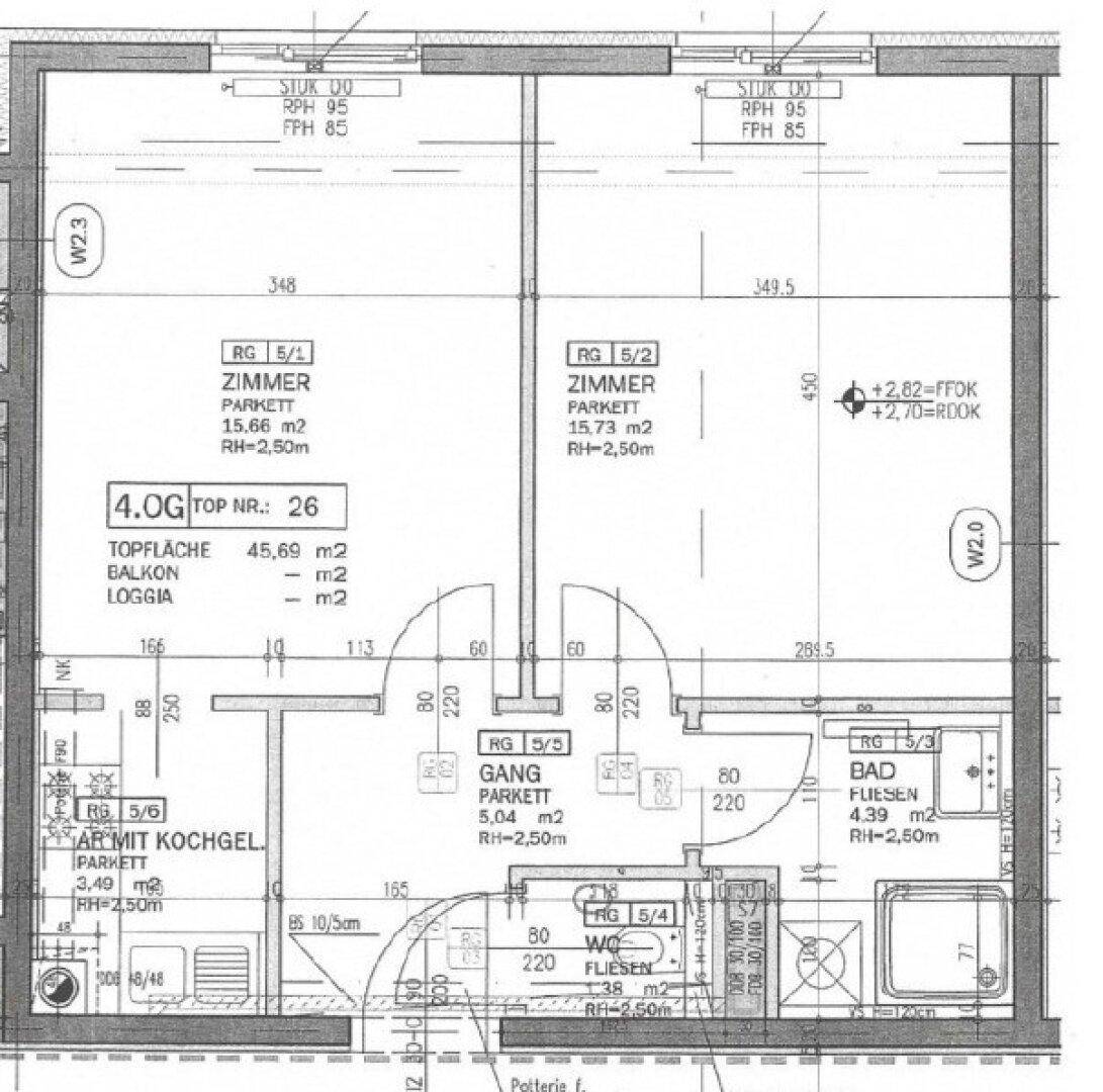 Grundriss der 4. Etage mit zwei Zimmern, Bad, WC und Kochgelegenheit.