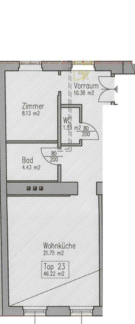 Grundriss einer Wohnung mit Wohnküche, Bad, WC und zwei weiteren Zimmern.