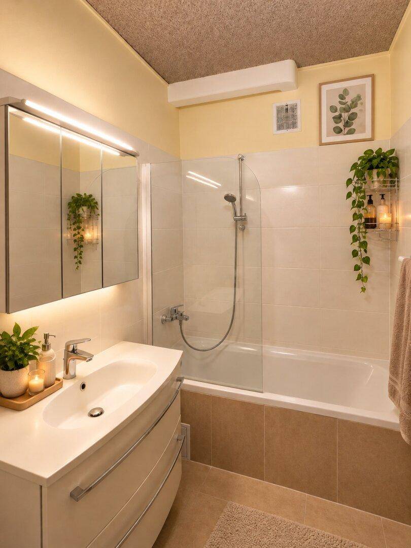 Modernes Badezimmer mit Badewanne, Duschabtrennung, Einzelwaschbecken und Spiegelschrank.