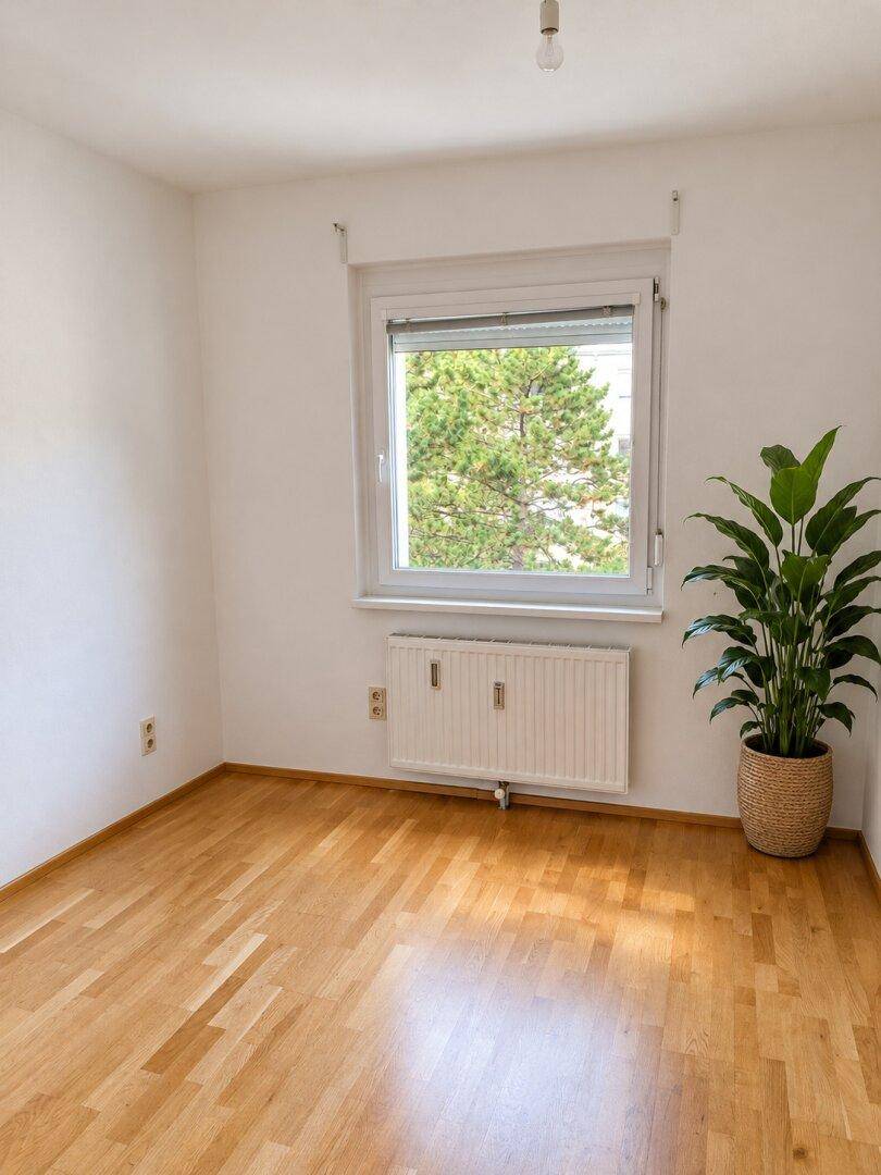 Helles Zimmer mit Parkettboden, großem Fenster und einer Zimmerpflanze, ideal als Schlafzimmer.