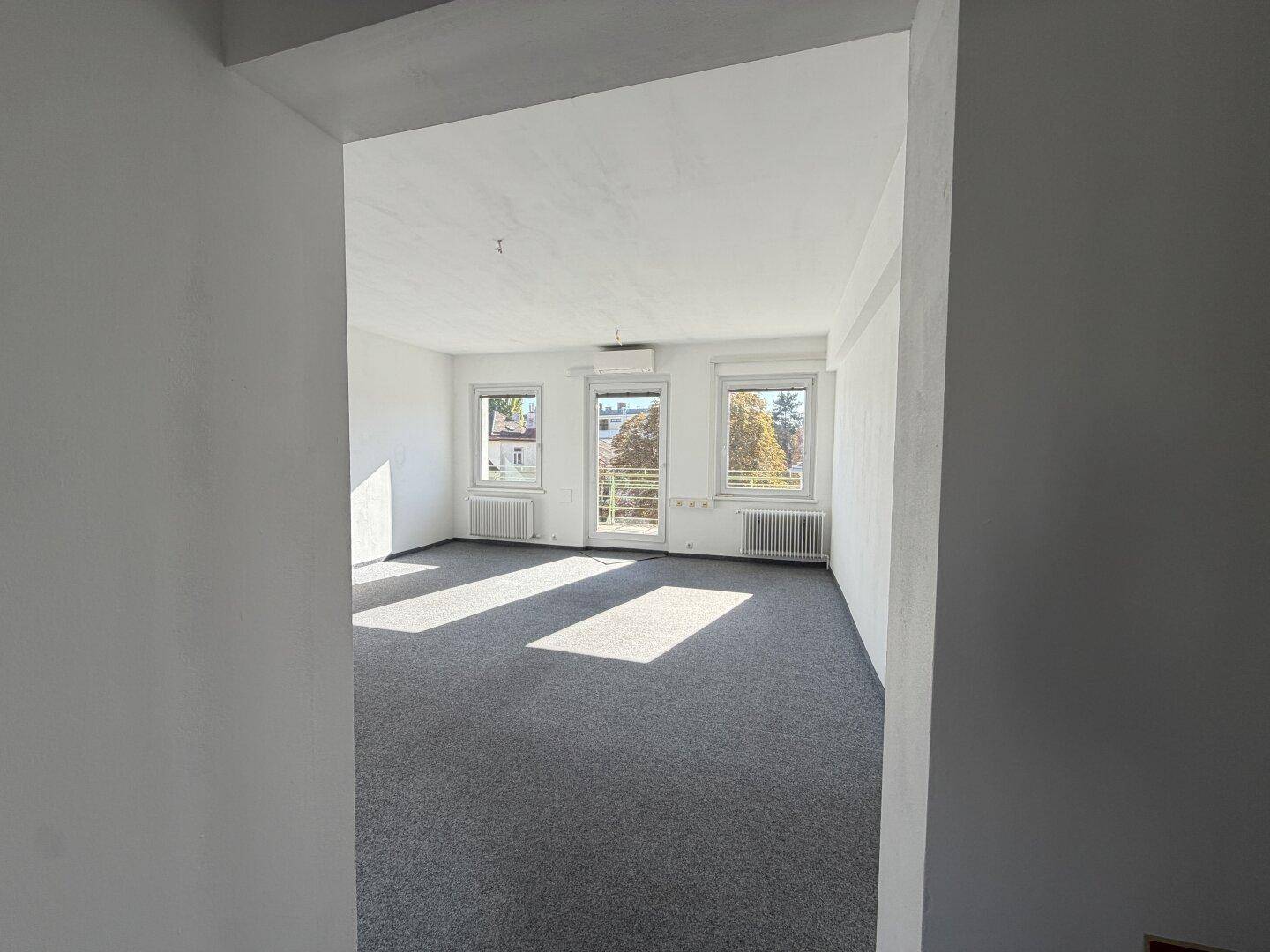 Blick in einen hellen, leeren Raum mit grauem Teppichboden und Fenstern, die viel Licht hereinlassen.