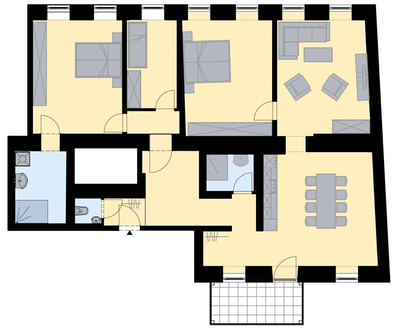 Grundriss einer Wohnung mit drei Schlafzimmern, offenem Wohnbereich und Balkon.