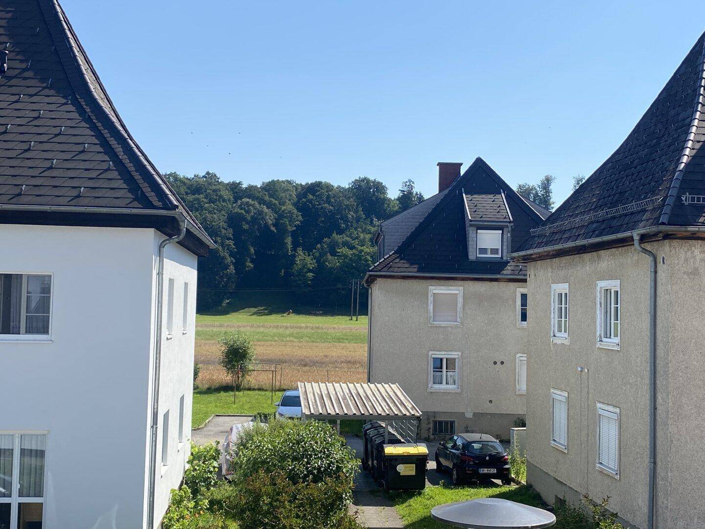 Blick auf eine weite grüne Landschaft mit Feldern und Wäldern von einem Gebäude aus.