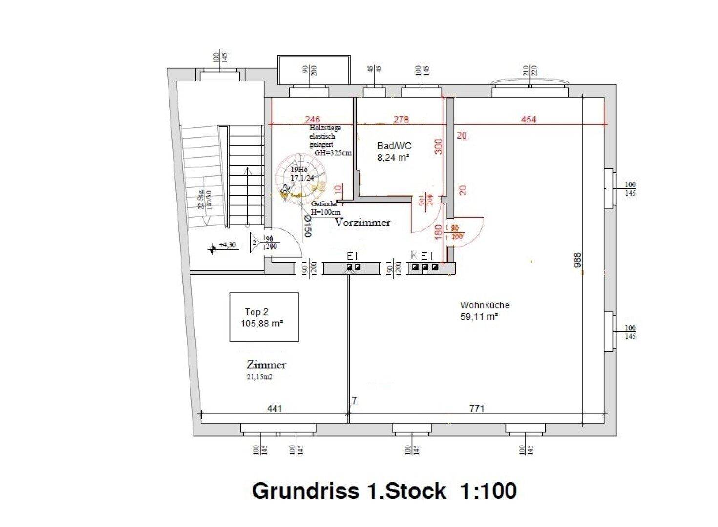 Grundriss des ersten Stocks mit Wohnküche, Zimmer und Bad.