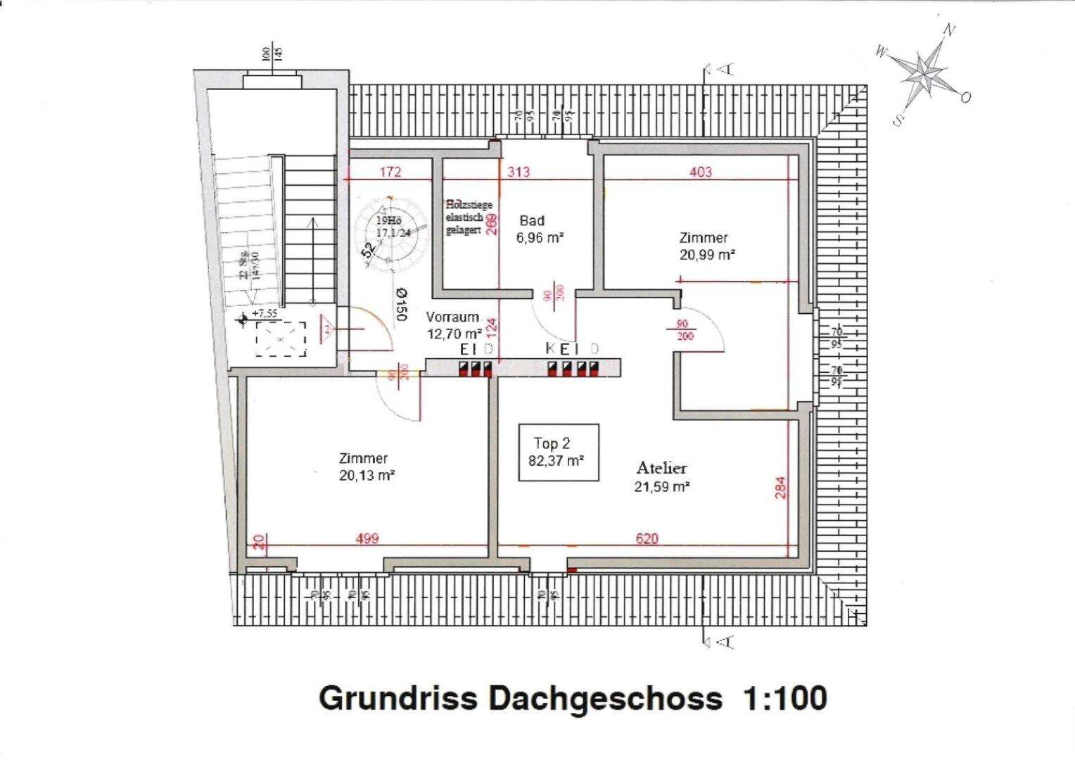 Grundriss des Dachgeschosses mit Zimmern, Atelier und Bad.