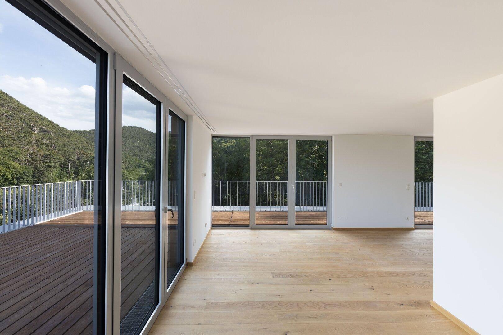 Helles, leeres Zimmer mit Holzboden und großen Fenstern, die auf eine Terrasse mit Bergblick führen.