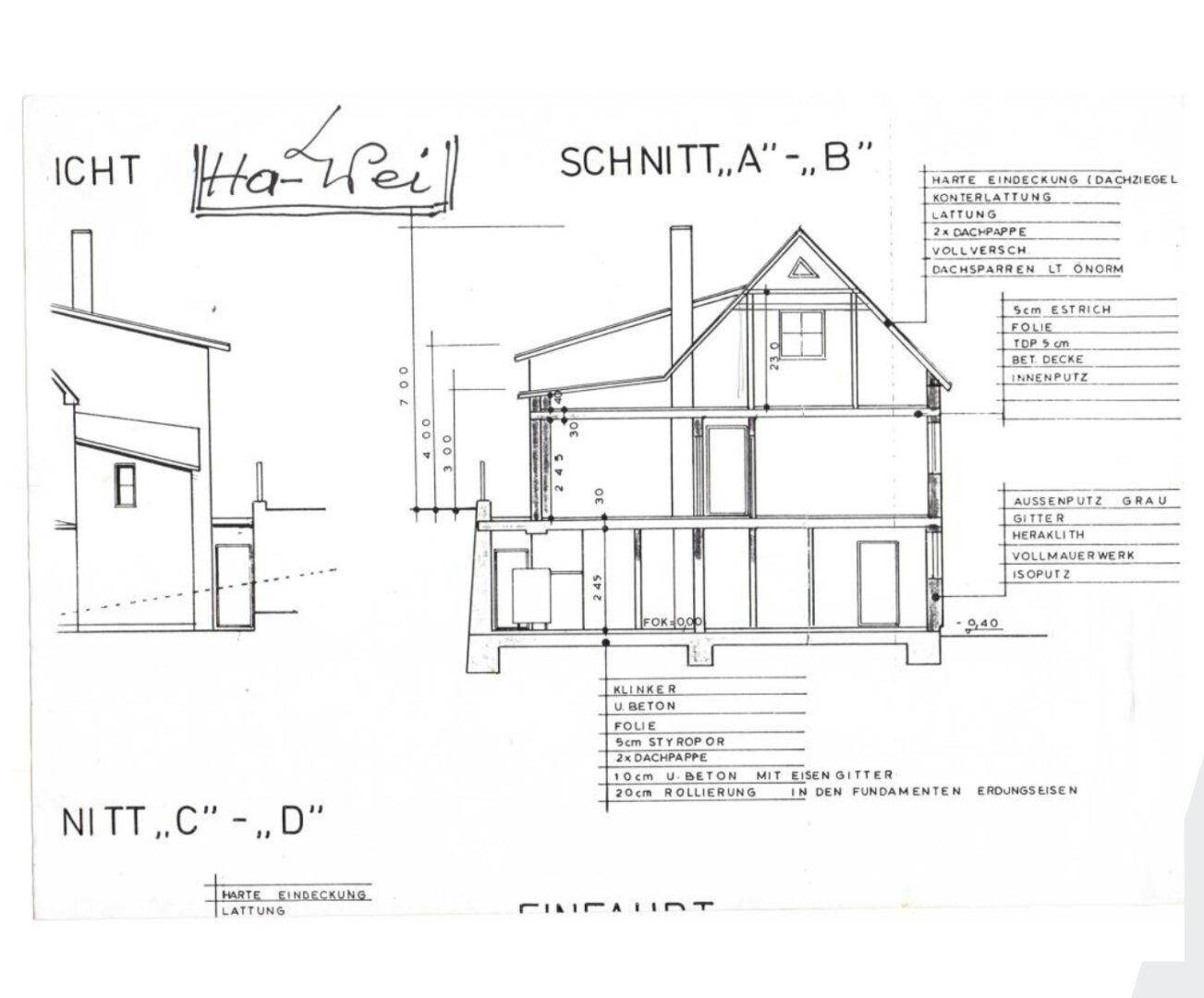 Architektonischer Schnitt des Gebäudes zeigt die Konstruktion und Dachform.