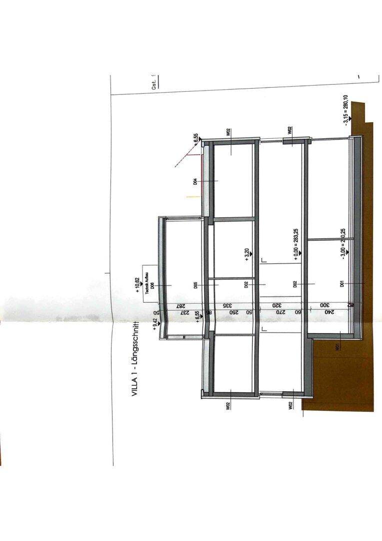 Längsschnitt der Villa zeigt die vertikale Struktur, Geschosse und Dachform des Gebäudes.