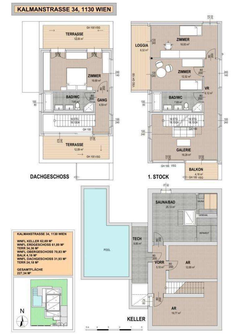 Grundrisse des Dachgeschosses, ersten Stocks und Kellers mit Zimmern, Bädern, Loggia und Sauna.