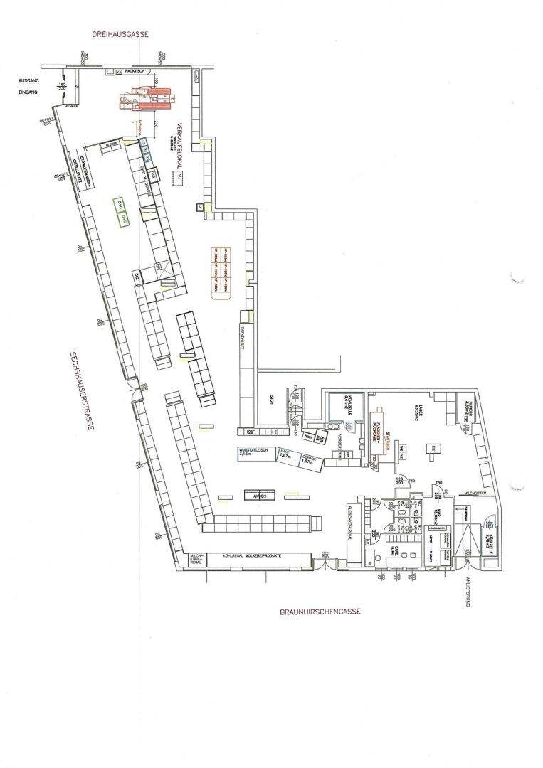 Detaillierter Grundrissplan eines Ladenlokals mit Regalen, Kassenbereichen und Lagerflächen.