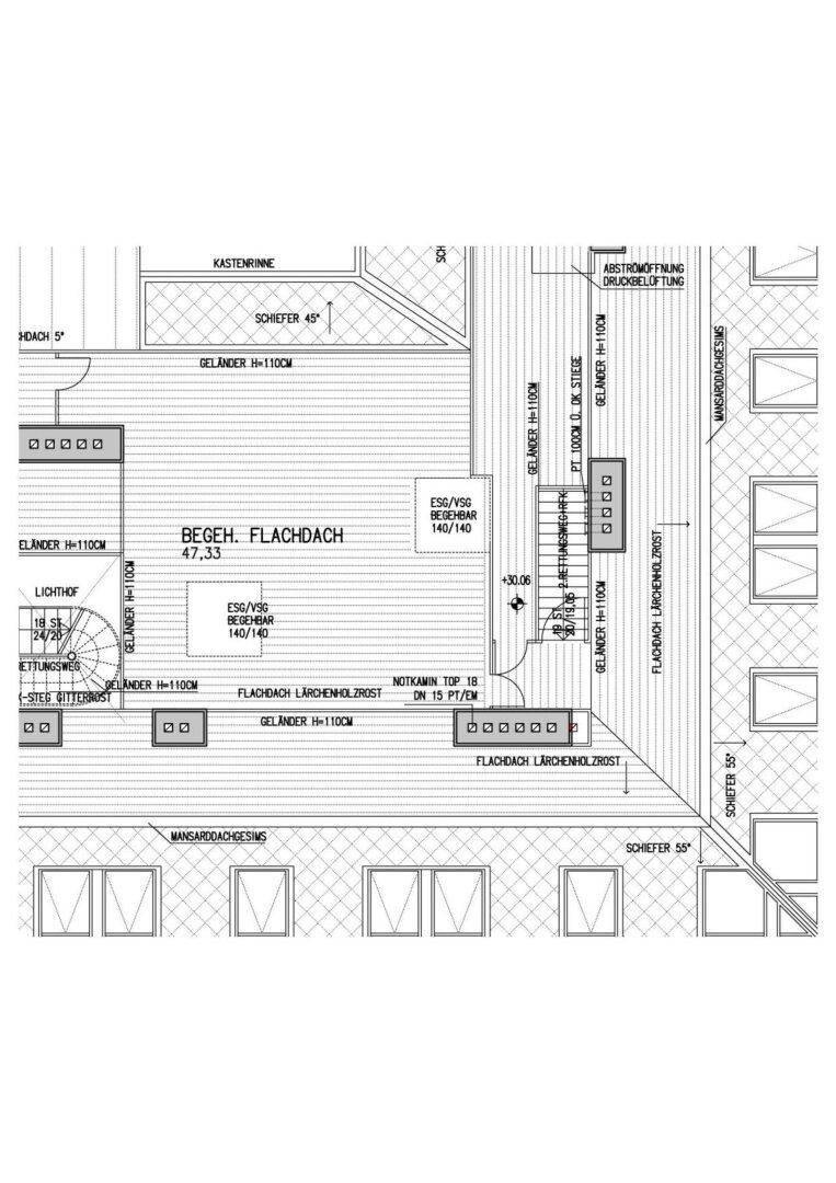 Detailansicht eines Grundrisses mit begehbarem Flachdach und Dachschrägen.