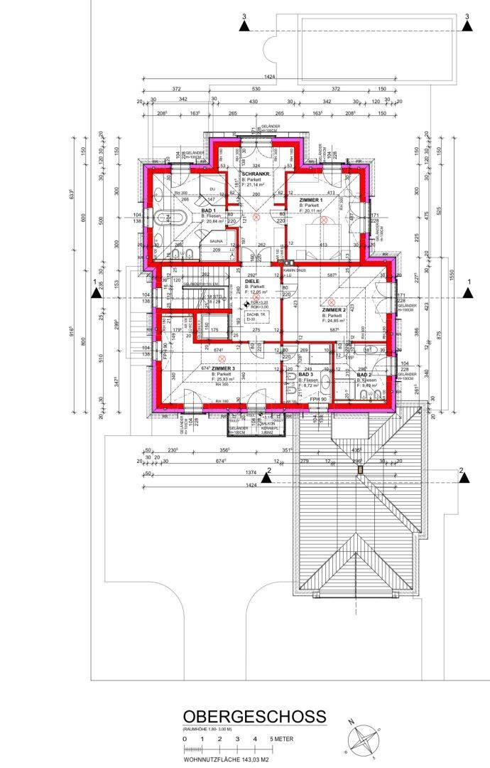 Grundriss des Obergeschosses mit Schlafzimmern und Bädern.