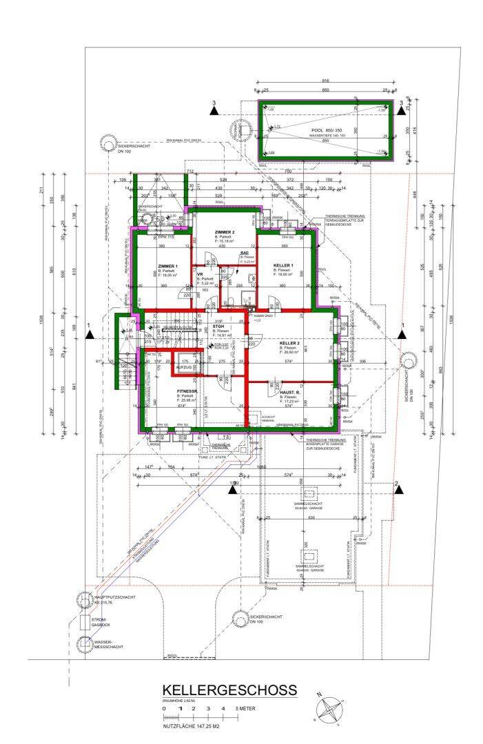 Grundriss des Kellergeschosses mit Fitnessraum und Abstellräumen.
